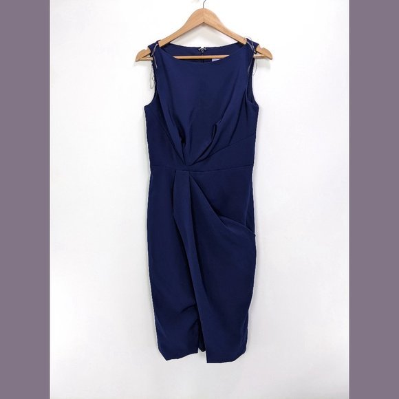 JS Collections Size 6 Boat Neck Sleeveless Faux Wrap Midi Sheath Dress in Navy - Picture 1 of 7